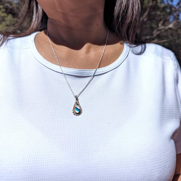 Native American Inlay Pendant Teardrop Sterling Silver Zuni Necklace‎ Jewelry** - Picture 9 of 11